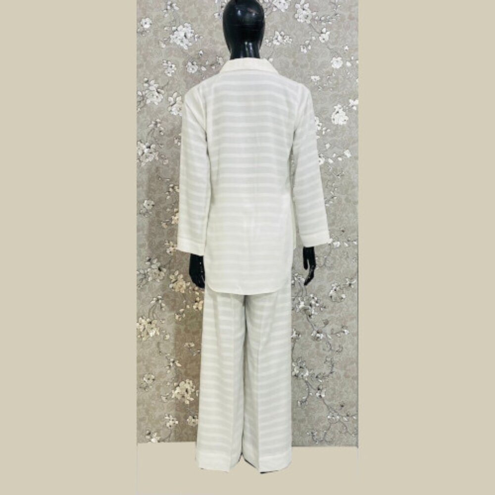 SoieRose Women's 100% Cotton White Self-Stripe Pajama Set - SR-1067 - Picture 3 of 4